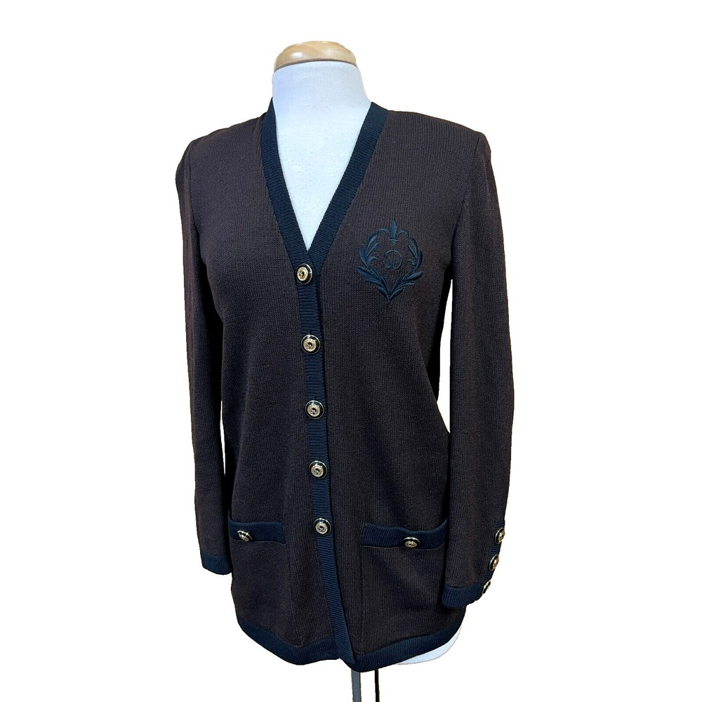 St. John Vintage Long Cardigan Brown Santana Knit Black Trim Gold Buttons, P/XS